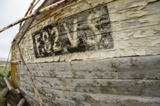 Close-up of weathered wooden planks of an old fishing boat, Vestre Jacobselv, Finnmark, Norway