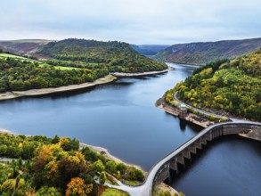 Autumn over Garreg Ddu Dam from a drone, Elan Valley, Caban-Coch Reservoir, Rhayader, Wales, UK