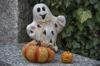 Ghost and pumpkin, Halloween decoration, Franconia, Bavaria, Germany