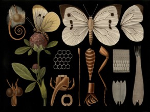 Scientific illustration with details, Großer Kohlweissling, Pieris brassicae, butterfly, school