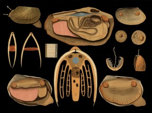 Scientific illustration with details, common pond mussel, Anodonta anatina, school picture,