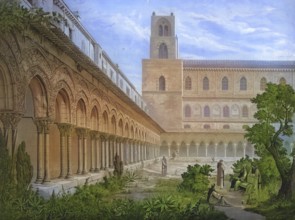 Benedictine monastery in Monreale, 1883, Sicily, Italy, school painting, authentic reproduction of