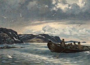 Rowing boat in the Barents Sea, Eastern Spitsbergen, 1912, Norway, school painting, authentic
