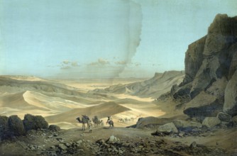 Camel caravan in the Sahara desert in Libya around 1890, school picture, authentic reproduction of