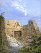 Lion's Gate in Mycenae, 1883, Greece, school painting, authentic reproduction of a school mural,
