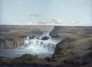 Landscape with canyons and Shoshonen waterfall, 1890, today Wyoming, America, school painting,
