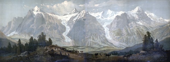 Alps in the Bernese Oberland, 1880, Switzerland, school picture, authentic reproduction of a school