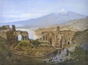 The Greek Theatre of Taormina with a view of Mount Etna, 1930, Sicily, Italy, school painting,