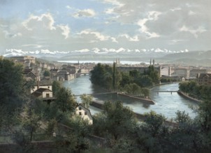 View of Zurich around 1900, Switzerland, authentic reproduction of a school mural, historical,