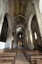 Interior of St Vincent's Abbey Church of Chantelle. Allier department. Auvergne Rhone Alpes. France