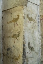 Mazerier village. Murals of painted church St. Saturninus, The pheasant hunting. Allier department,