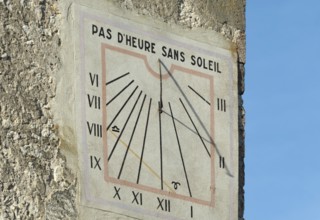 Charroux. Sundial on belfry. Allier department. Auvergne-Rhone-Alpes.France. Europe