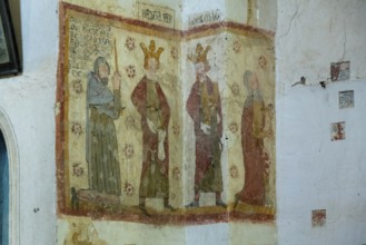 Mazerier village. Murals of painted church St. Saturninus Church. Adoration of the Magi. Allier