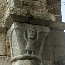 St Cyr and St Julitte's Church, roman church of Escurolles. Atlas sculpture. Allier department,
