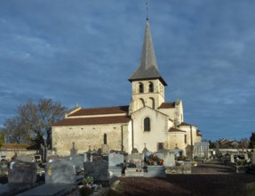 Mazerier village. Painted church St. Saturninus Church. Allier department, Auvergne Rhone Alpes,