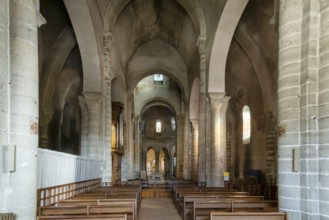 Interior of St Vincent's Abbey Church of Chantelle. Allier department. Auvergne Rhone Alpes. France