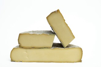 Three pieces of Saint-Nectaire cheese are stacked on top of each other. Puy de Dome. Auvergne.