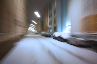 Snowstorm, zoom effect, Munich, Bavaria, Germany