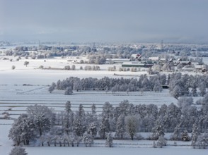 The onset of winter with snow in the Kirchwerder district of Hamburg. Aerial view, Kirchwerder,