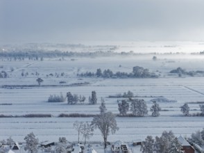 The onset of winter with snow and ground fog in Hamburg's Kirchwerder Wiesen Nature Reserve in the