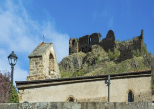 Ruins of medieval castle of Buron and Chapel Notre-Dame. Puy de Dome. Auvergne Rhone Alpes. France