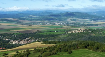 Limagne plain with the villages of Coudes and Montpeyroux. Puy de Dome. Auvergne Rhone Alpes.