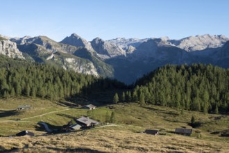View across the Gotzenalm alpine meadows to the Teufelshörner and Hochkönig mountain peaks in the