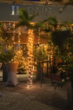 Illuminated terrace of a restaurant with fairy lights and plants in the foreground, Nagold, Calw