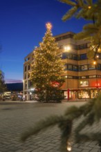 Christmas tree with lights in front of a building in an urban area at night, Nagold, Calw district,