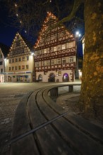 Beautiful half-timbered houses shine at night under fairy lights, captured by a curved wooden