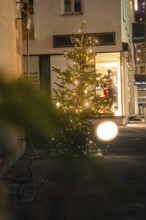 A small Christmas tree with lights in front of a shop window in the illuminated Nachtstraße,