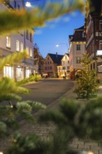 Evening pedestrian zone with decorated fir trees and illuminated shops, Nagold, Calw district,