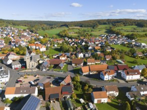 Bird's-eye view of village with many houses in hilly landscape, aerial view, Niederkalbach, Kalbach