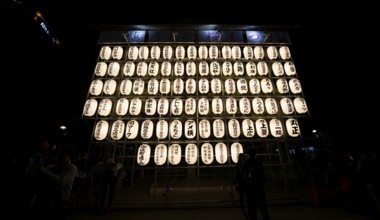 Glowing lanterns with Japanese characters, Tokyo, Japan