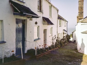 Historic building soon cobbled street in coastal village of Clovelly, north Devon, England, UK