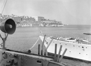 View from Royal Navy ships of Grand Harbour, Valletta, Malta, Europe c 1957