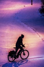 Winter weather, blowing snow, person with e-bike, bicycle on snowy road, North Rhine-Westphalia,