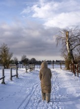 Fresh snow in the city, hikers in winter in the middle of the fields in Berlin Lübars, a district