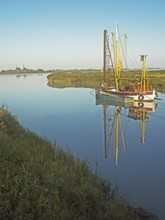 Emsfischereiboot, cutter, Diana, river, Ems, dammed up, flood, morning light, Terborg, East Frisia,