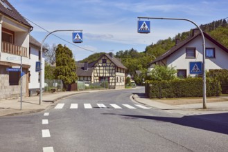 Pedestrian crossing, zebra crossing, traffic sign pedestrian crossing, residential building,