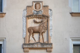 Relief of the Gasthaus Zum Goldenen Hirschen on a house façade, Fürth, Middle Franconia, Bavaria,