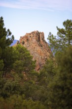 Bizarre rock erosions in evening light, Calanche, Les Calanches de Piana, Corse-du-Sud, Corsica,