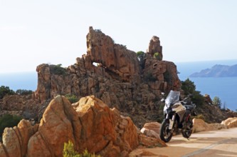 Bizarre rock erosions in evening light, Calanche, Les Calanches de Piana, Corse-du-Sud, Corsica,
