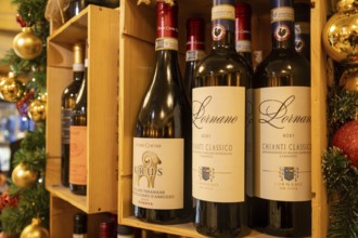 Close-up of red wine bottles in an Italian restaurant