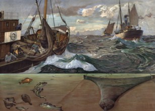 Deep-sea fishing, deep-sea fishing in 1913, fishing boats, Atlantic, authentic reproduction of a