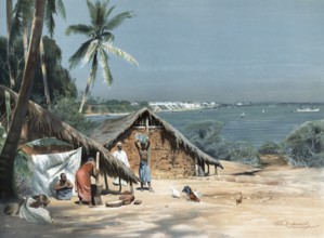 Hut and natives on the beach of Dar es Salaam, 1905, important city and trading port on the Indian