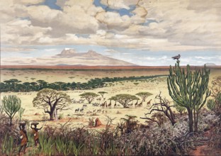 Steppe at the foot of Mount Kilimanjaro, tropical savanna landscape, 1910, Tanzania, authentic
