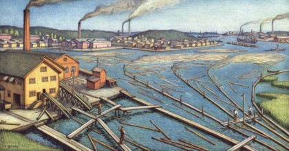 At the mouth of Kymijoki, river in southern Finland, 1900, timber industry, sawmill, logs are