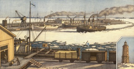 The port of Hanko, Hango, in winter, southernmost town in Finland, 1900, trade in goods, authentic