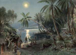 Nighttime with natives on Samoa in Polynesia, around 1905, authentic reproduction of a school